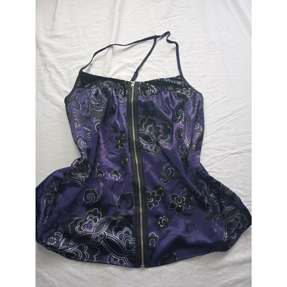 Vintage Charlotte Russe‎ Purple Black Zip Front Y2K Blouse Cami Top Size Medium